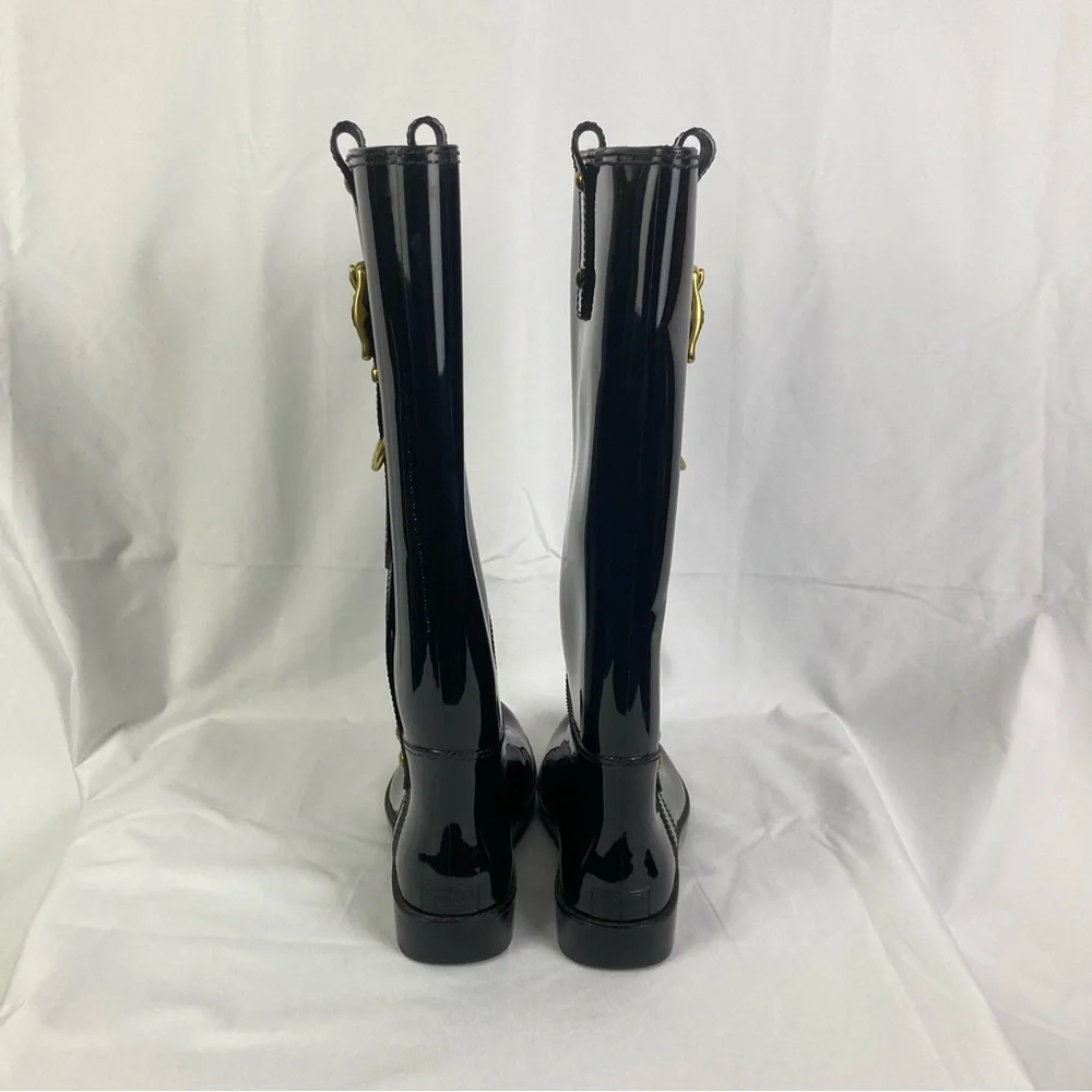 Coach Tasha Signature Gold Buckle Rain Boots Size 7 Patent Black Tall EUC - Picture 2 of 12
